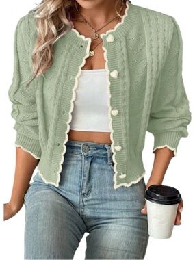 SHEIN Light Sage Cable-Knit Cropped Cardigan with Heart Buttons. Women’s Size L